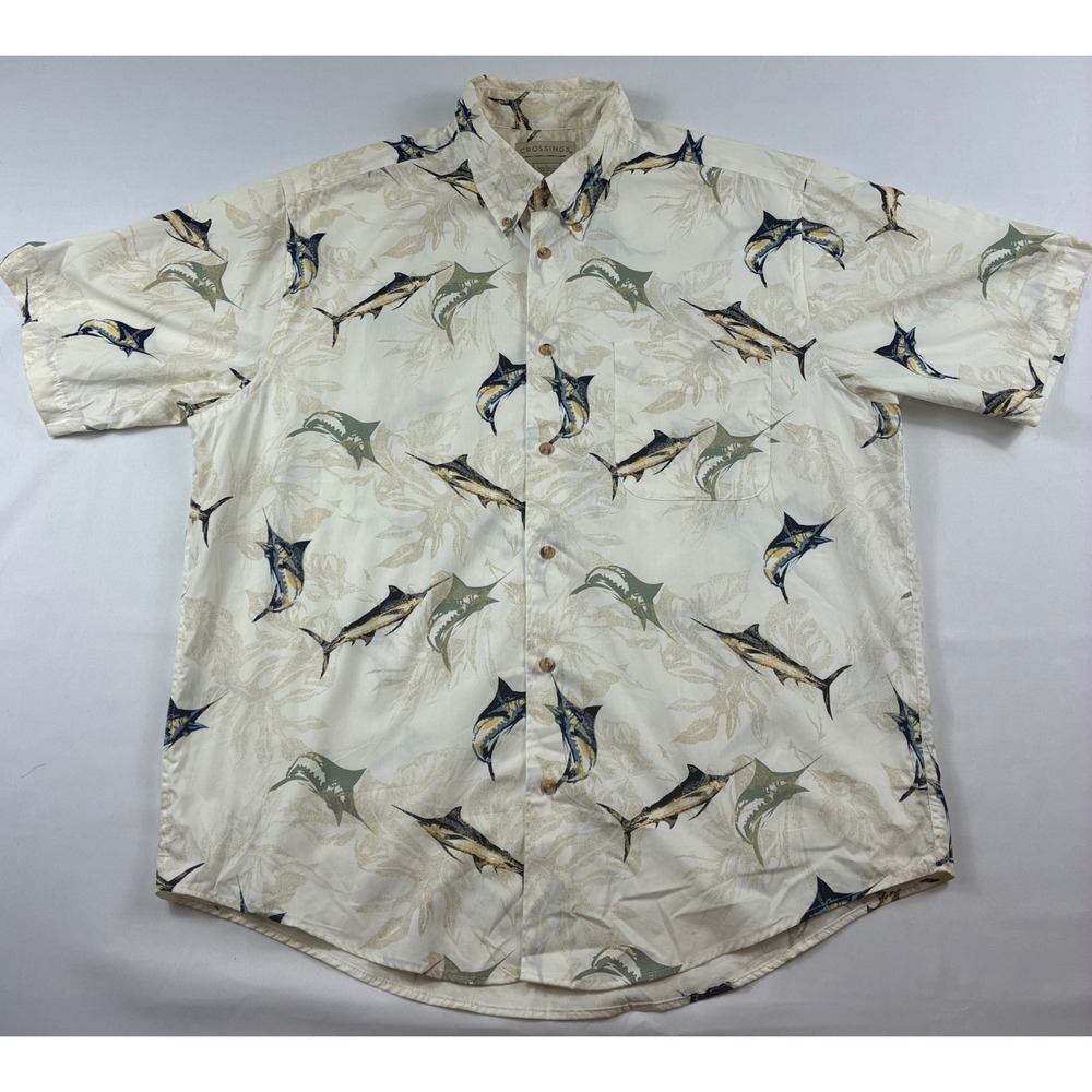 Crossings Marlin Fish Print Shirt Mens Large Cream Cotton Short Sleeve Button Up